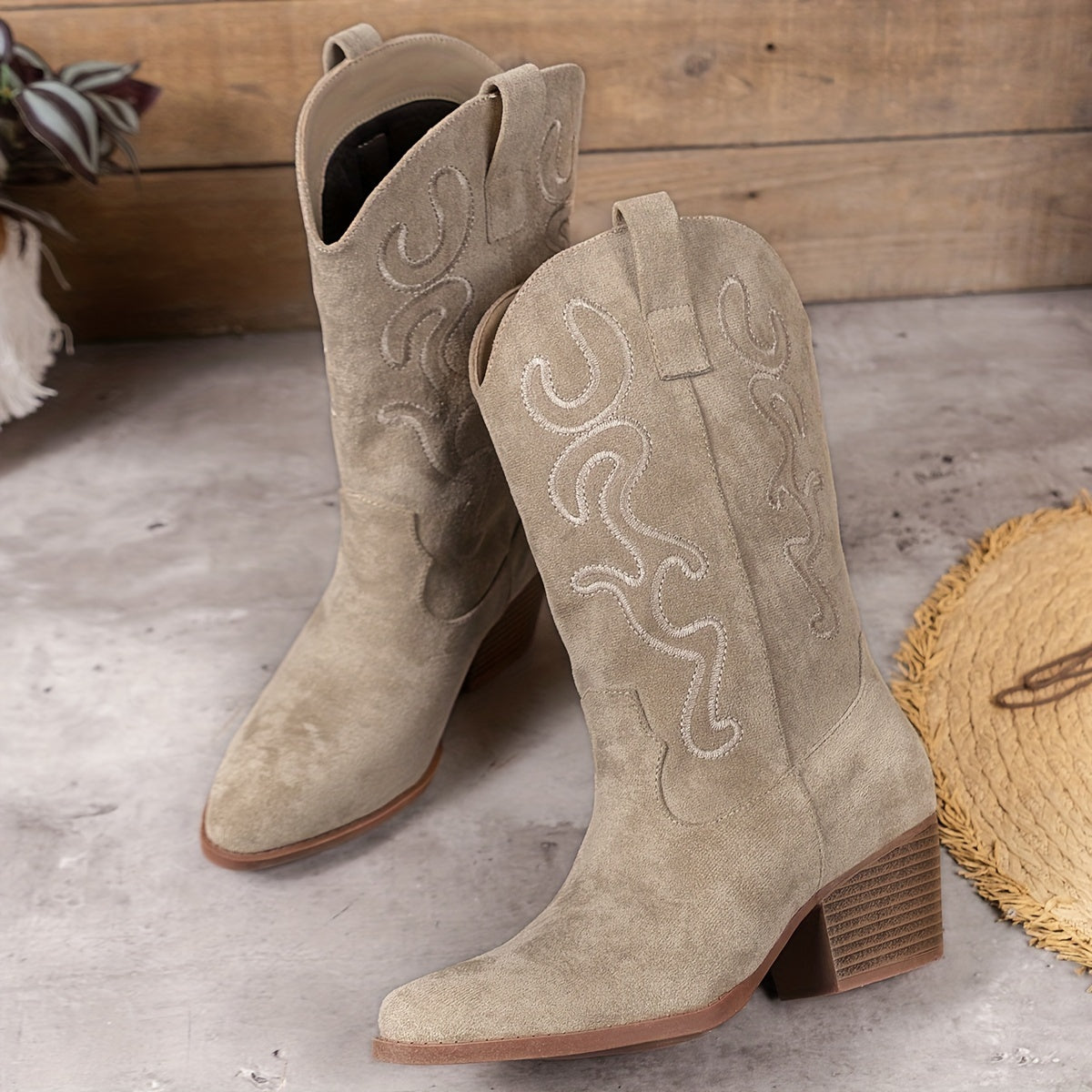 Womens Chic Embroidered Western Boots - Trendy Chunky Heel Mid-Calf Style, Pointed Toe Comfort for Vacation Wear