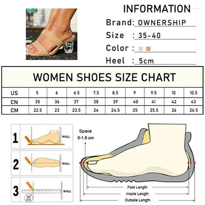 Slippers Women Weave Woman Summer Transparent High Heels Female Square Toe Slides Ladies Casual Fashion Shoes Footwear