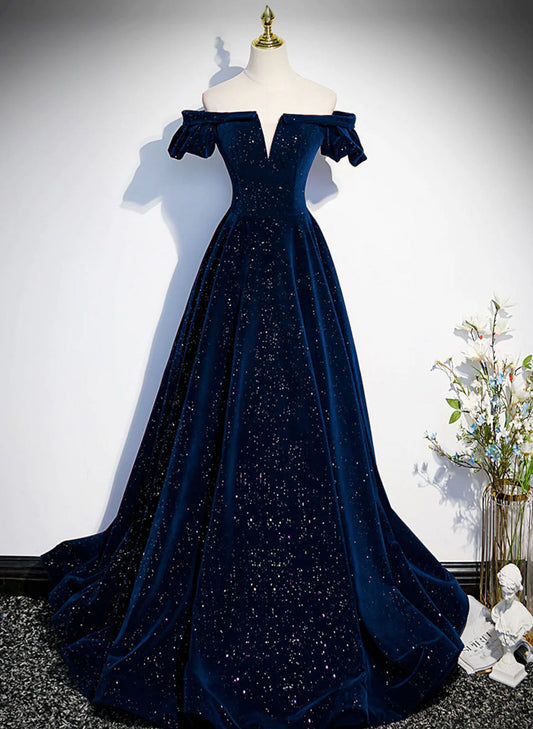 LOVECCRA-line Simple Navy Blue Velvet Off Shoulder Prom Dress, Navy Blue Evening Dress