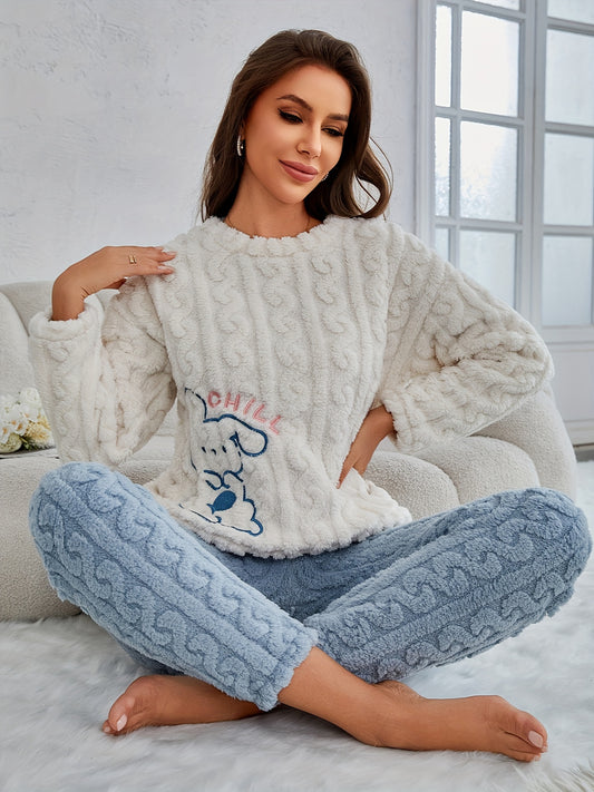 Women's Winter Cute Rabbit Embroidered Pajama Set - Cozy Fleece Lined Long Sleeve Crew Neck Top and Pants Lounge Wear, 100% Polyester Knit Fabric, Animal Pattern Two-Piece Sleepwear