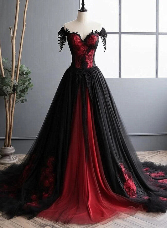 LOVECCRBlack and Red Lace Tulle Off Shoulder Prom Dress, Black and Red Formal Dress