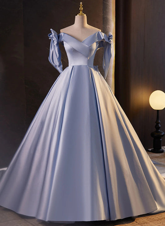 LOVECCRBlue Satin Ball Gown Off Shoulder Long Party Dress, Blue Satin Prom Dress