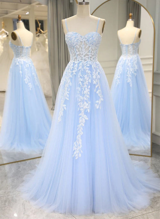 LOVECCRLight Blue Tulle A-line Prom Dress Party Dress with Lace, Light Blue Prom Dress