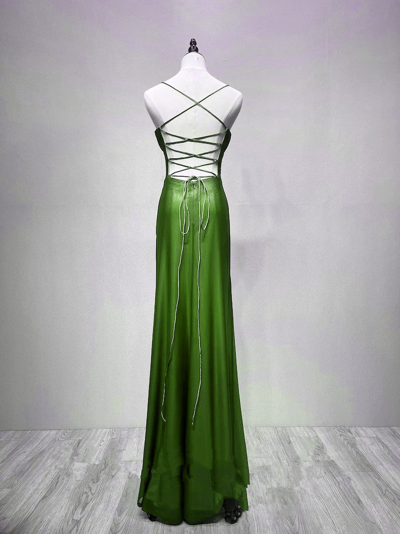 LOVECCRGreen Straps Lace-up Formal Dress Evening Dress, Green Spandex Prom Dress