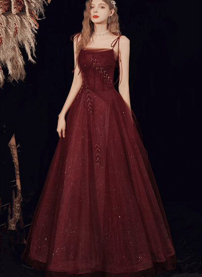 LOVECCRWine Red Straps Tulle Beaded Long Prom Dress, Wine Red A-line Evening Dress