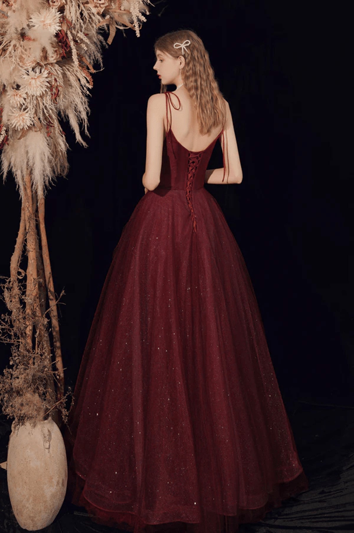 LOVECCRWine Red Straps Tulle Beaded Long Prom Dress, Wine Red A-line Evening Dress