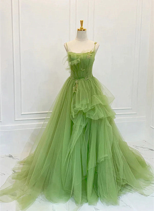 LOVECCRGreen Tulle Straps Long Party Dress, Green Tulle Lace Prom Dress