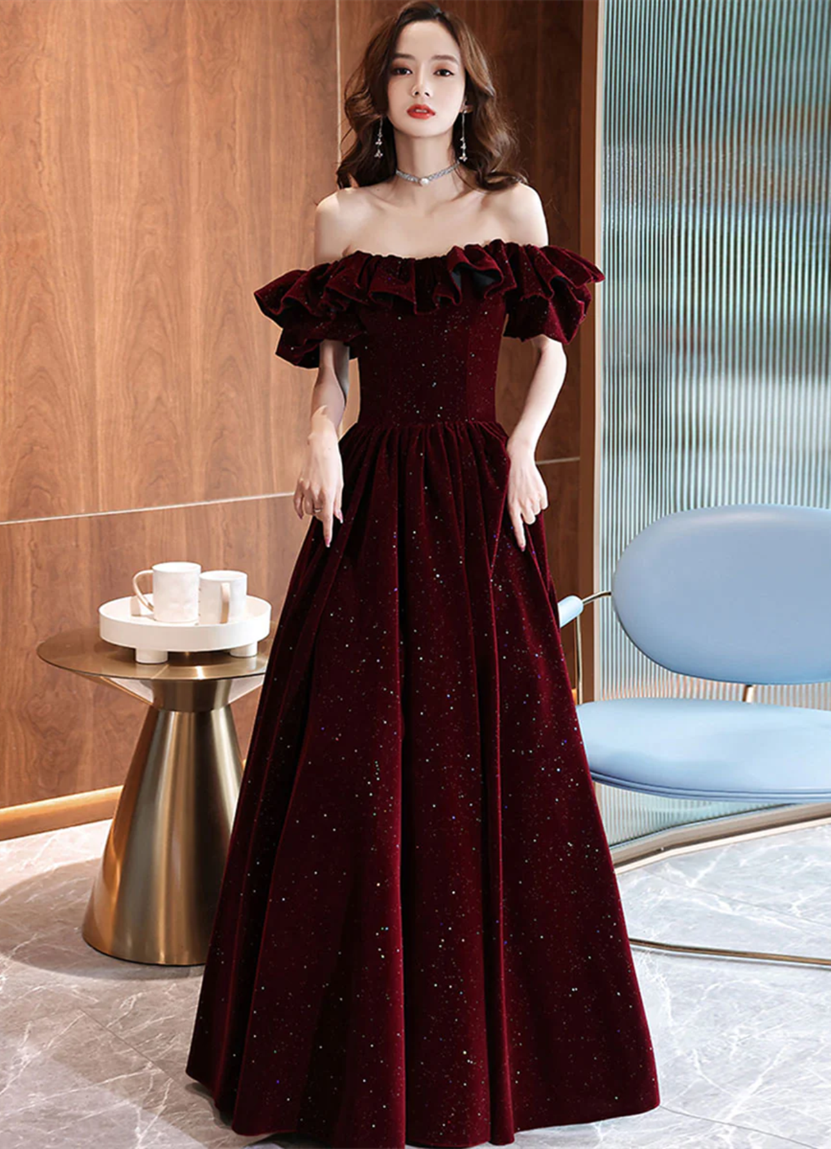 LOVECCROff Shoulder Wine Red Velvet A-line Party Dress, Wine Red Prom Dress