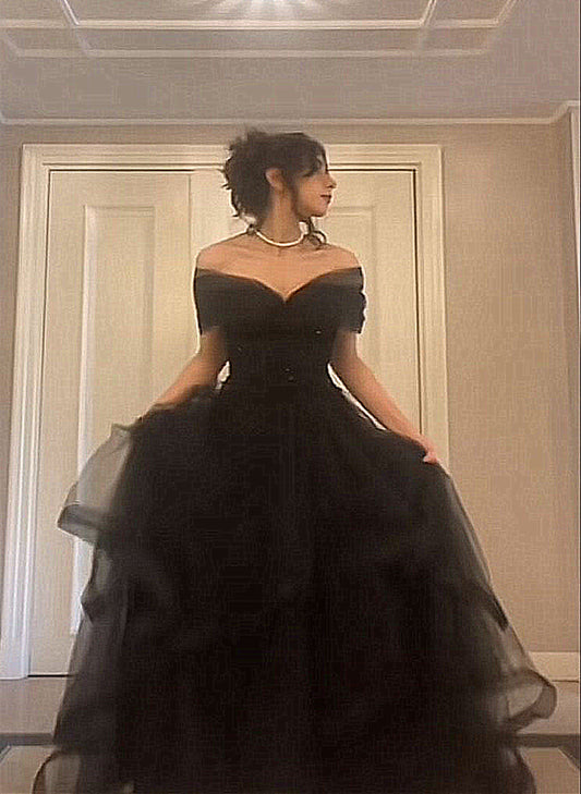 LOVECCRBlack Tulle Sweetheart Off Shoulder Long Party Dress, A-line Black Prom Dress