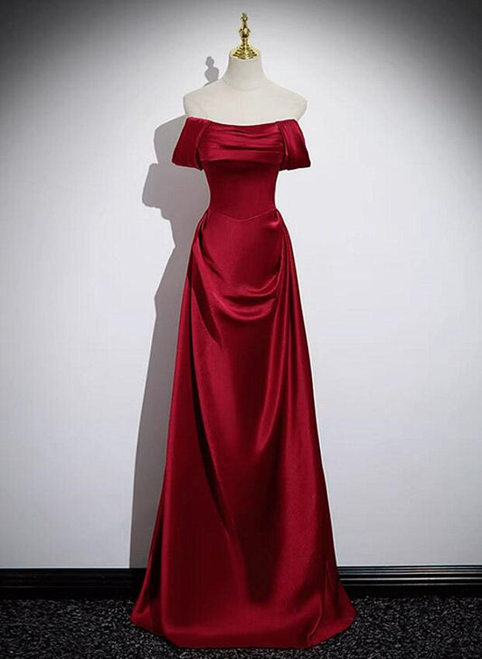 LOVECCRWine Red Satin Off Shoulder Long Party Dress, A-line Satin Prom Dress