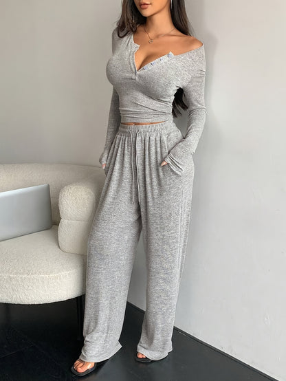 TWO-PIECE SET - Chic Long Sleeve Top with Button Front & Drawstring Waist Wide Leg Pants - Comfortable, Versatile, and Flattering Outfit for Women's Everyday Wear