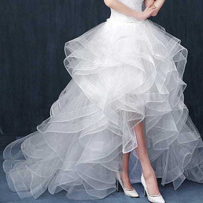 LOVECCR  Short Front and Long Back Wedding Dress Bride Toasting Dress Long Trailing Double Shoulder Lace Korean Trailing Wedding Dress Wholesale