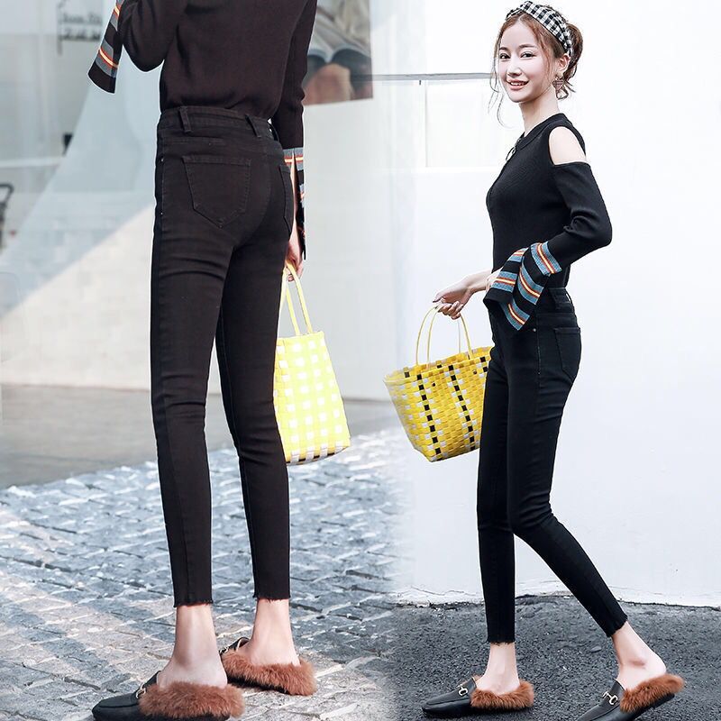 Autumn Clothing New Women's Clothing Korean Style Slim Fit All-Matching Raw Hem High Waist Denim Skinny Pants Student Tight Pencil Pants Trousers