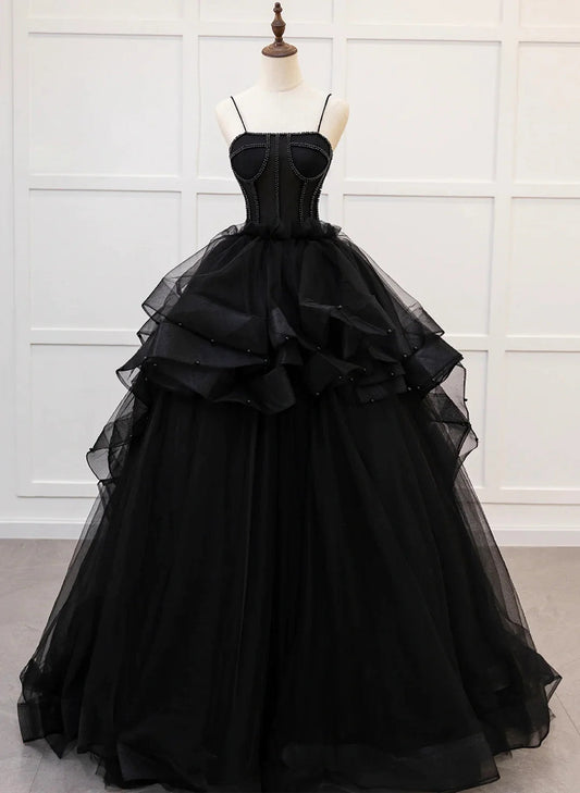 LOVECCRBlack Straps Beaded Scoop Tulle Long Formal Dress, Black Tulle Sweet 16 Dress