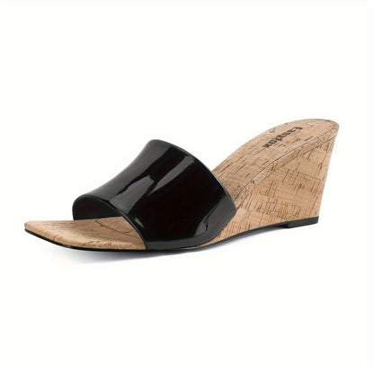 Mid Heel Wedge Sandals for Women - Comfortable Slip-on Open Toe Square Toe Heeled Shoes with Microfiber Artificial Leather Upper, Superfine Fiber Insole, and Rubber Sole - All-Season Fashion Square Toe Mules