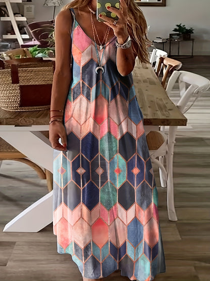 Plus Size Chic Geometric Print Cami Maxi Dress - Flattering Spaghetti Strap V Neckline for Women - Flowy, Casual, and Trendy Long Dress for Summer