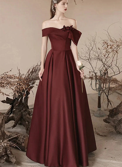 LOVECCRLovely Burgundy Satin Off Shoulder Party Dress, Satin Simple Long Prom Dress