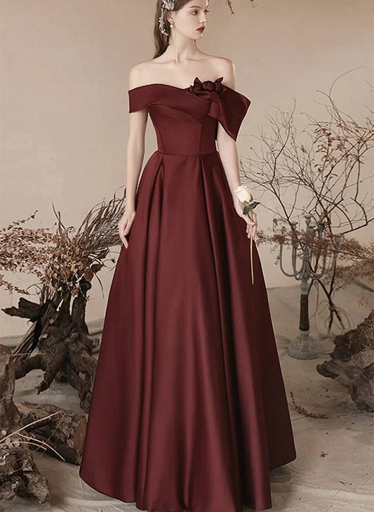 LOVECCRLovely Burgundy Satin Off Shoulder Party Dress, Satin Simple Long Prom Dress