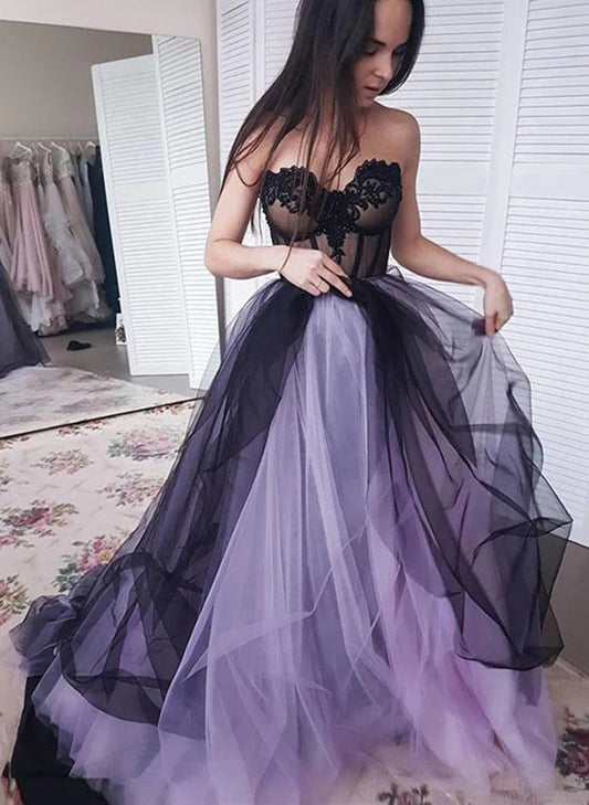 LOVECCRLovely Black and Purple Tulle Lace Party Dress, A-line Sweetheart Party Dress