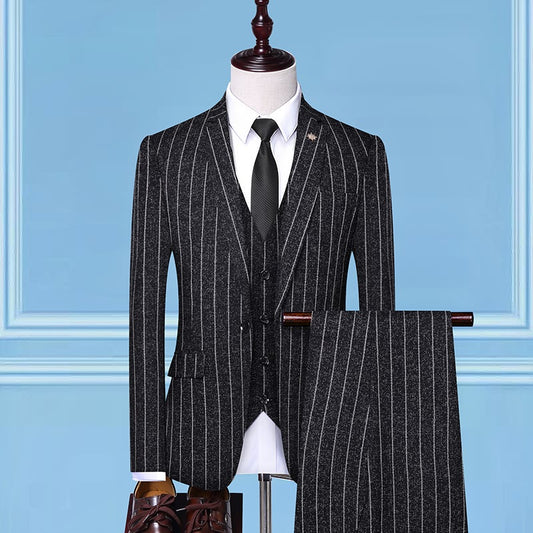 LOVECCR   Men's Striped Suit Three-Piece Korean-Style Slim Fit Business Custom Dress Suit Suit Wedding Work Groomsman Suit