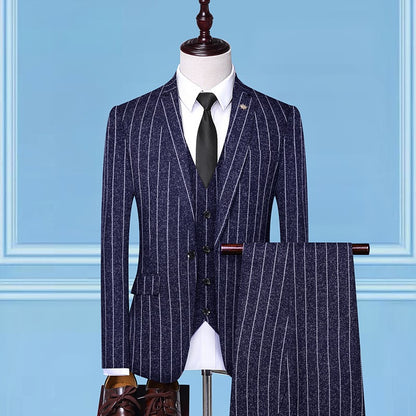 LOVECCR   Men's Striped Suit Three-Piece Korean-Style Slim Fit Business Custom Dress Suit Suit Wedding Work Groomsman Suit