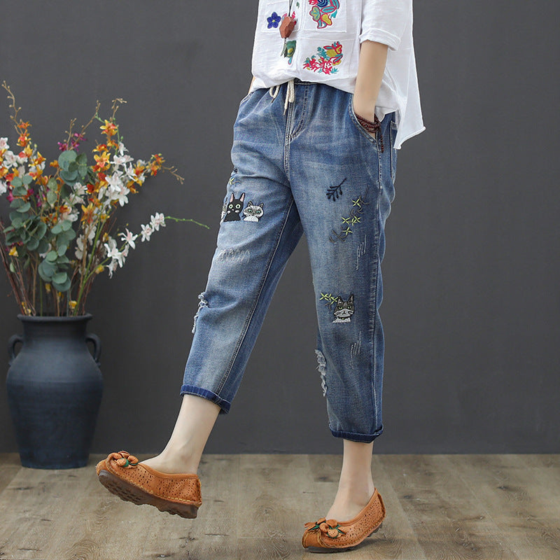 Women's Jeans Spring and Autumn Ripped Artistic Embroidered Women's Cropped Pants Elastic High Waist Oversized Jeans Women's Loose