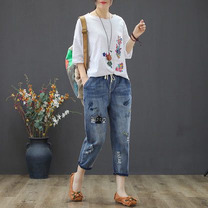 Women's Jeans Spring and Autumn Ripped Artistic Embroidered Women's Cropped Pants Elastic High Waist Oversized Jeans Women's Loose