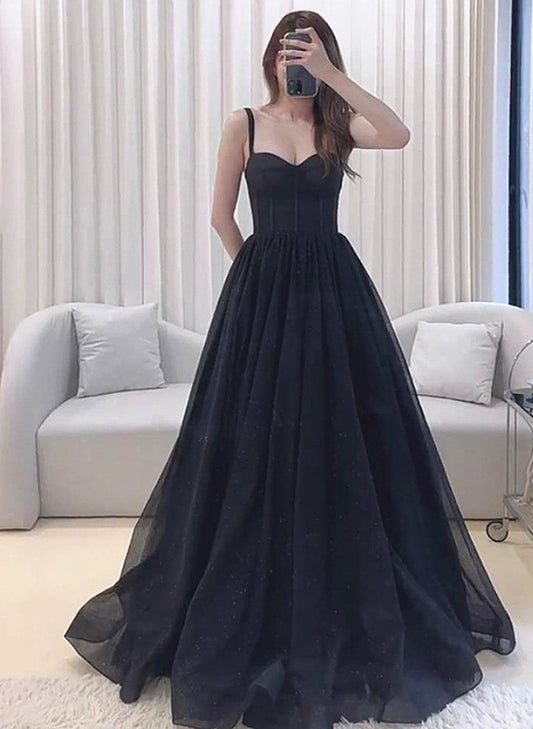 LOVECCRA-line Black Tulle Sweetheart Straps Long Party Dress, Black Tulle Prom Dress