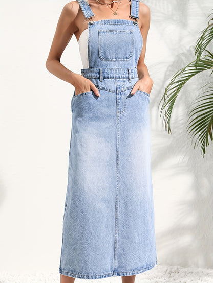 Women's Casual Denim Overalls Dress, Stylish Fashion Full Length Jean Pinafore With Adjustable Straps, Versatile Dress-Up For Daily Wear For Fall & Winter