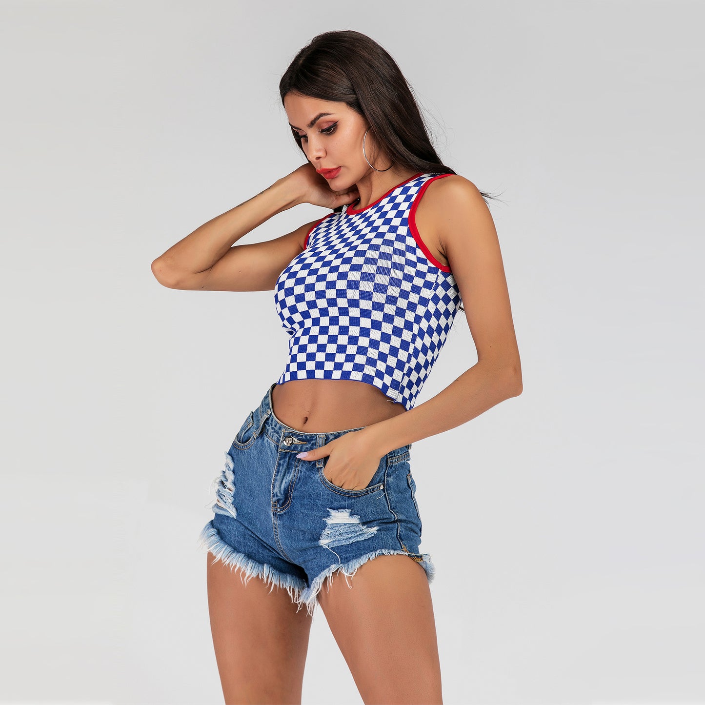 LOVECCR 2025 New  short open-navel slim-fitting sleeveless vest checkerboard knitted bottoming tank top women