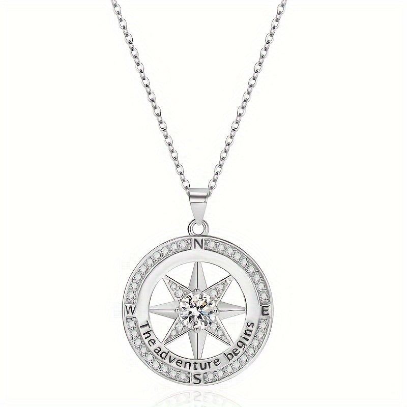 925 Sterling Silver Compass Necklace With Zircon Decor, Luxury Round Charm Jewelry Gifts For Women With Gift Box