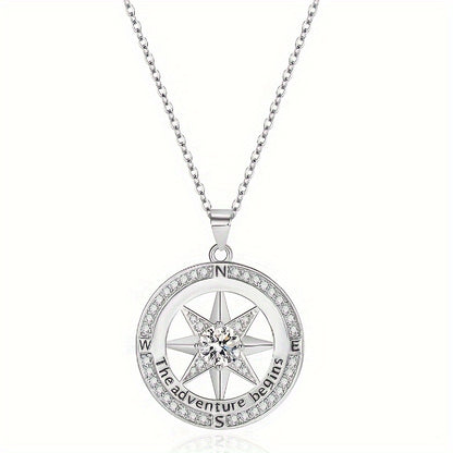 925 Sterling Silver Compass Necklace With Zircon Decor, Luxury Round Charm Jewelry Gifts For Women With Gift Box