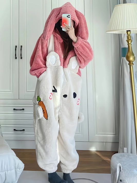 Cartoon Bunny Fuzzy Hooded Night Jumpsuit For Fall & Winter, Cute Long Sleeve Zip Up Pajamas, Women's Sleepwear & Loungewear