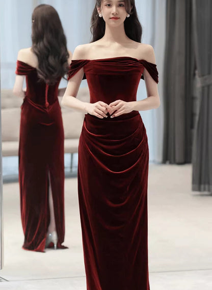 LOVECCRWine Red Off Shoulder Scoop Long Party Dress, Wine Red Velvet Prom Dress