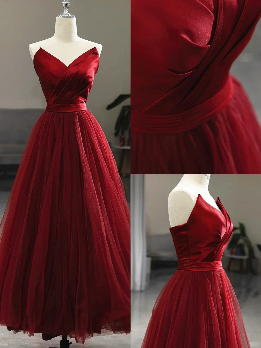 LOVECCRWine Red Tea Length Tulle V-neckline Prom Dress, Wine Red Tulle Party Dress