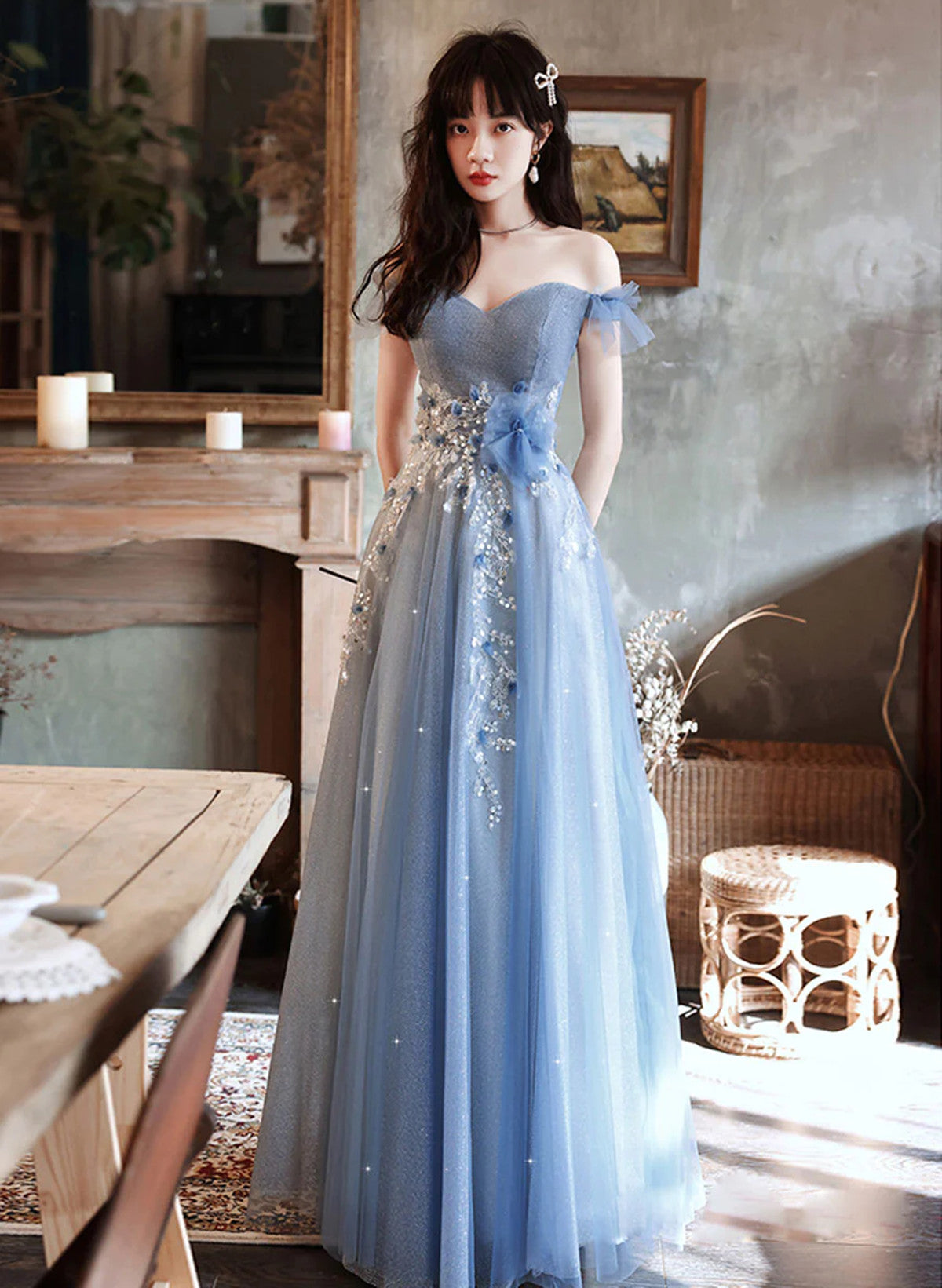 LOVECCRA-line Blue Off Shoulder with Lace Long Evening Dress, Blue Long Prom Dress