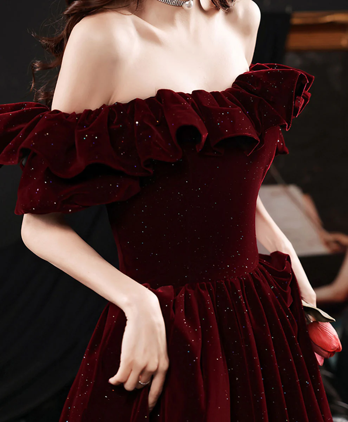 LOVECCROff Shoulder Wine Red Velvet A-line Party Dress, Wine Red Prom Dress