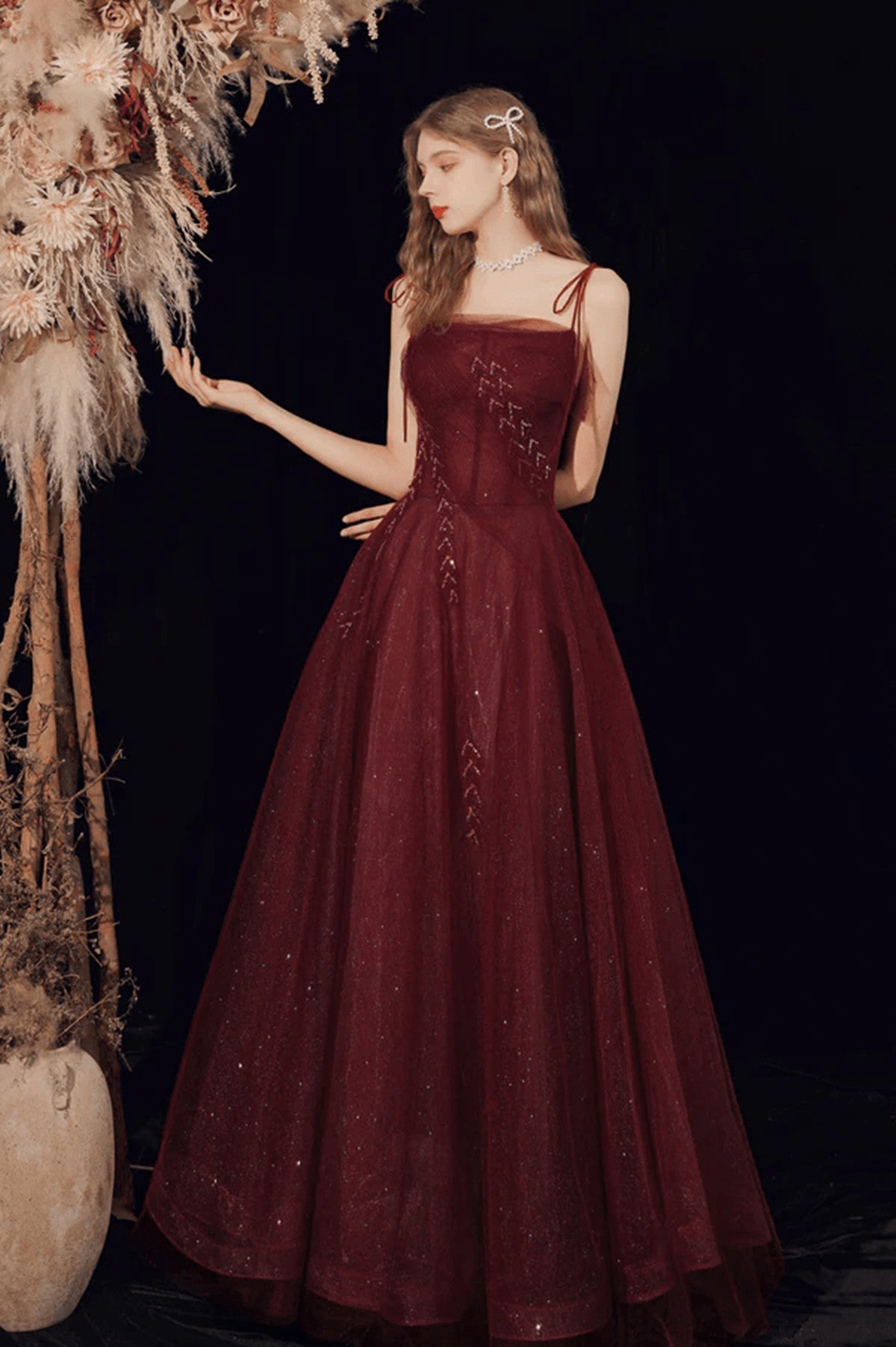 LOVECCRWine Red Straps Tulle Beaded Long Prom Dress, Wine Red A-line Evening Dress