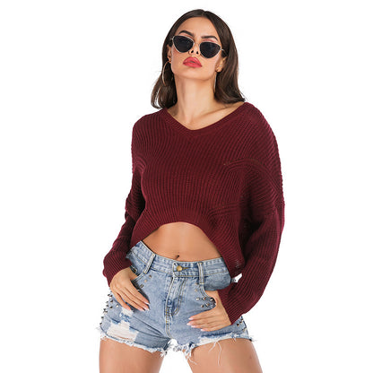 LOVECCR  Popular trade popular autumn and winter ,  and  irregular V-neck pullover short navel knitted sweater women