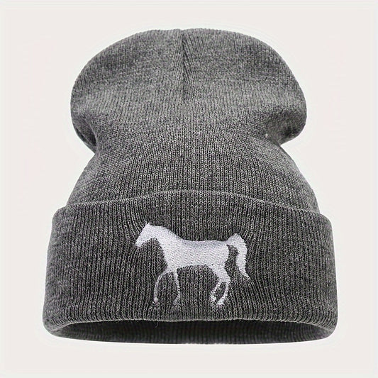 1pc Stylish Horse Embroidery Knitted Beanie Hat - Soft, Warm, and Fashionable for Men and Women Outdoor Activities - Unisex All-Match Design for Casual Wear