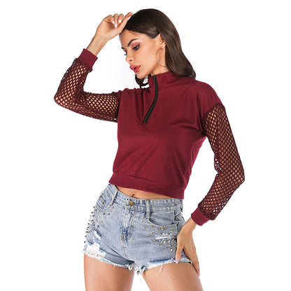 LOVECCR 2025 New women's clothing autumn long-sleeved stand-up collar solid color zipper mesh perspective bottoming sweater women's short models