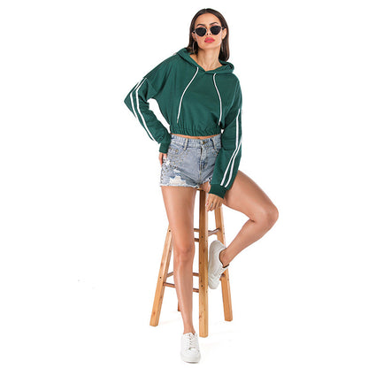 LOVECCR New popular autumn 2025 women's clothing sports striped green short long-sleeved hooded navel sweater women