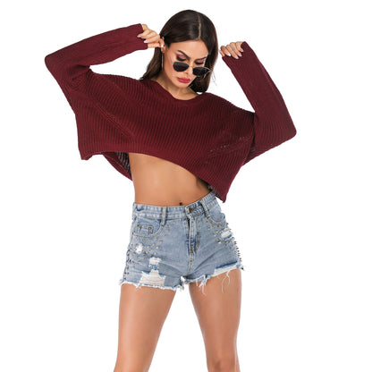 LOVECCR  Popular trade popular autumn and winter ,  and  irregular V-neck pullover short navel knitted sweater women