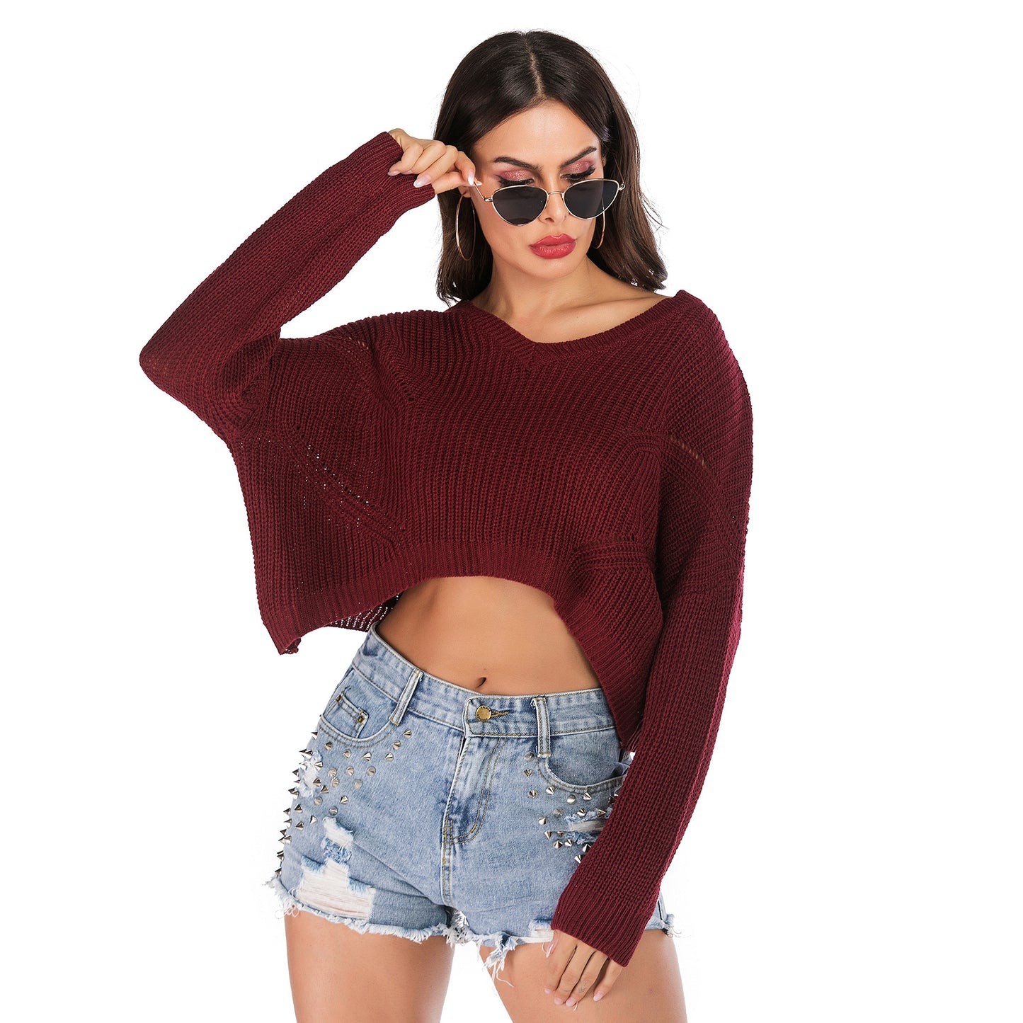 LOVECCR  Popular trade popular autumn and winter ,  and  irregular V-neck pullover short navel knitted sweater women