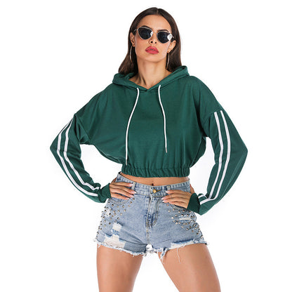 LOVECCR New popular autumn 2025 women's clothing sports striped green short long-sleeved hooded navel sweater women