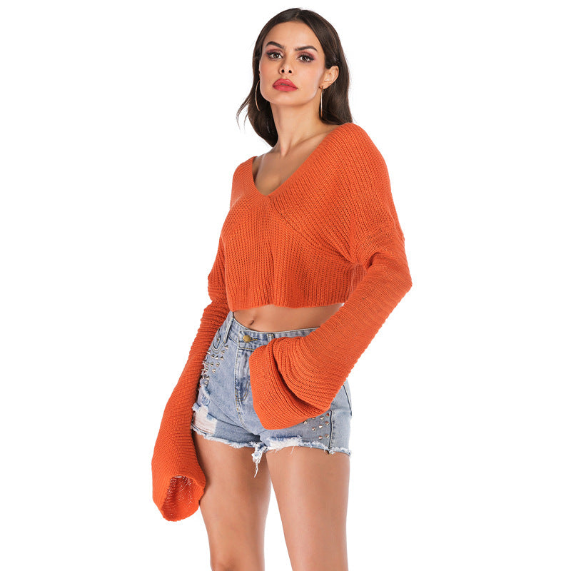 LOVECCR 2025 New short navel sweater women's clothing autumn and winter loose lazy style long-sleeved V-neck knitted sweater