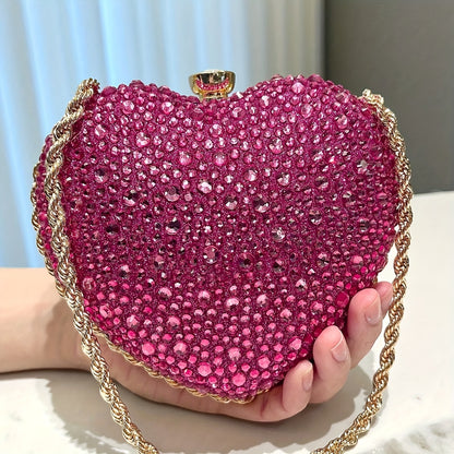 Rhinestone Heart-Shaped Clutch Purse, Fashionable Evening Bag With Chain Strap, Glittering Elegant Handbag For Parties, Prom, Weddings