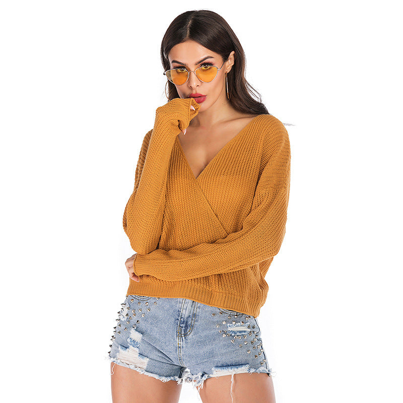 LOVECCR popular 2025 New Popular trade  autumn and winter knitted sweater V-neck solid color long-sleeved pullover sweater women's outer wear