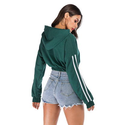 LOVECCR New popular autumn 2025 women's clothing sports striped green short long-sleeved hooded navel sweater women