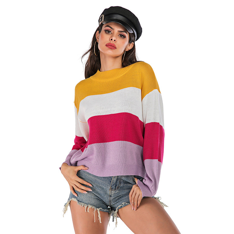 LOVECCR popular autumn and winter, 2025 , New Popular trade  knitted sweater fashion color matching long-sleeved pullover sweater women